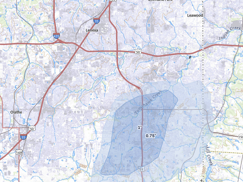 NEXRAD radar-signature map of the hail over Overland Park, KS