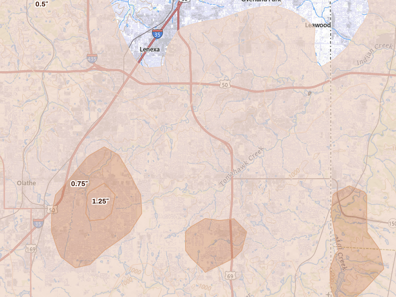 Radar-estimated hail-size map of the storm over Overland Park, KS on Apr 26, 2026