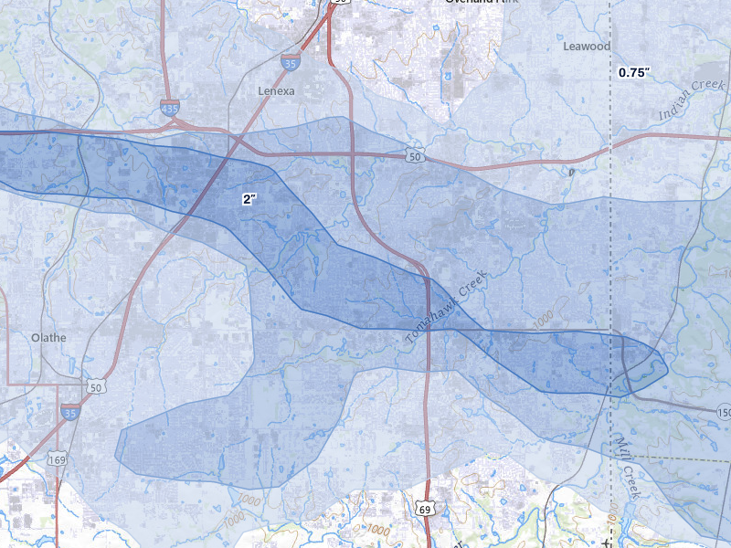NEXRAD radar-signature map of the hail over Overland Park, KS