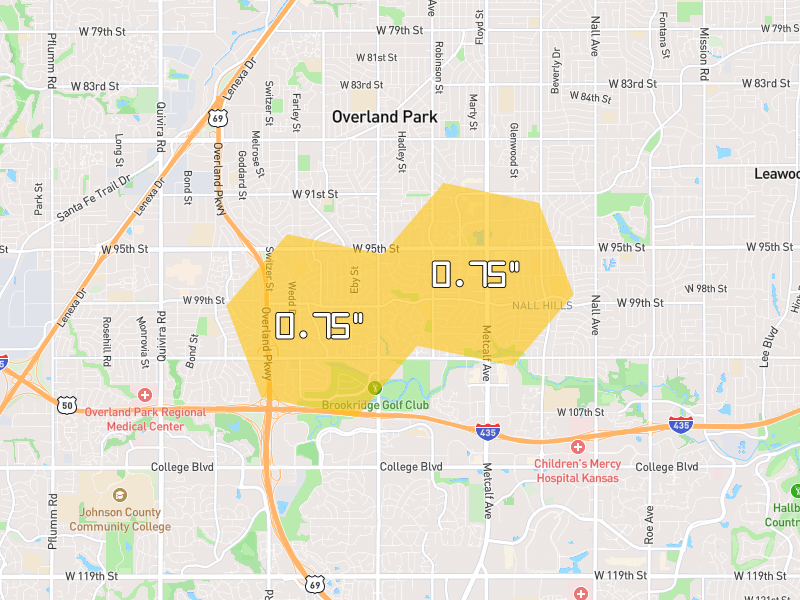 Hail map of Overland Park, KS on Jun 9, 2026, hail up to 0.75"