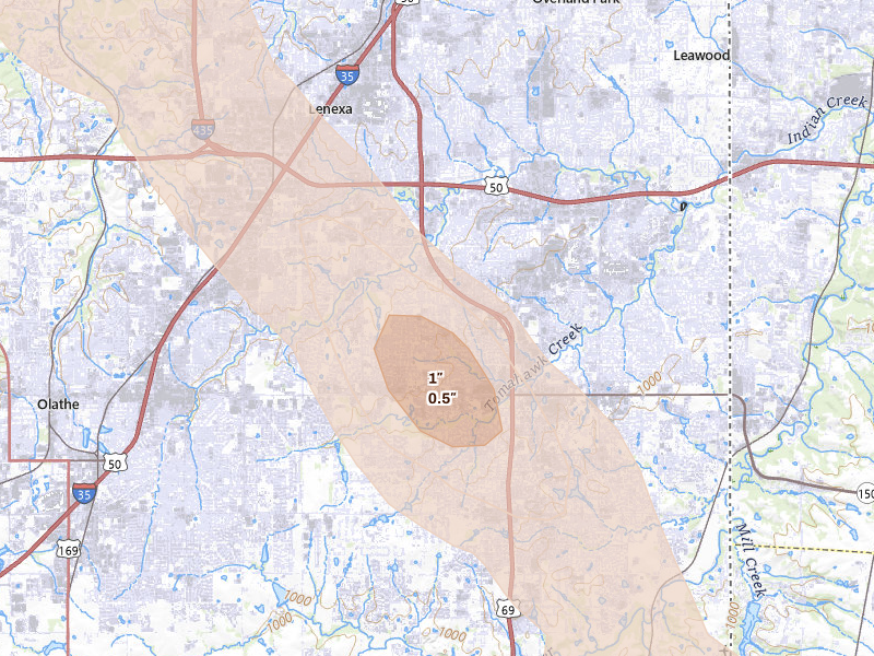 Radar-estimated hail-size map of the storm over Overland Park, KS on Aug 21, 2026