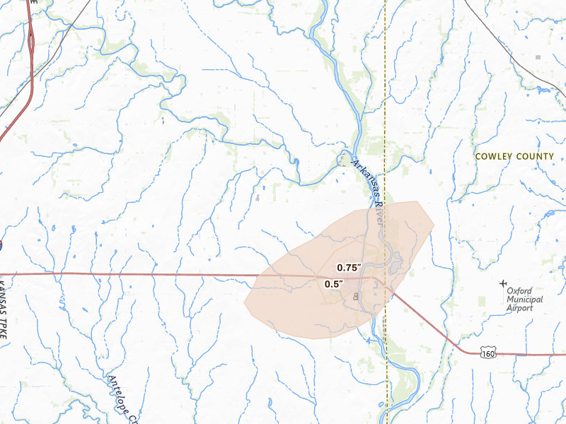Radar-estimated hail-size map of the storm over Oxford, KS on Mar 1, 2026