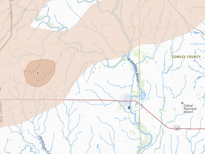 Radar-estimated hail-size map of the storm over Oxford, KS on Apr 17, 2026