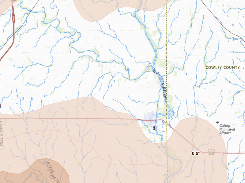 Radar-estimated hail-size map of the storm over Oxford, KS on May 18, 2026