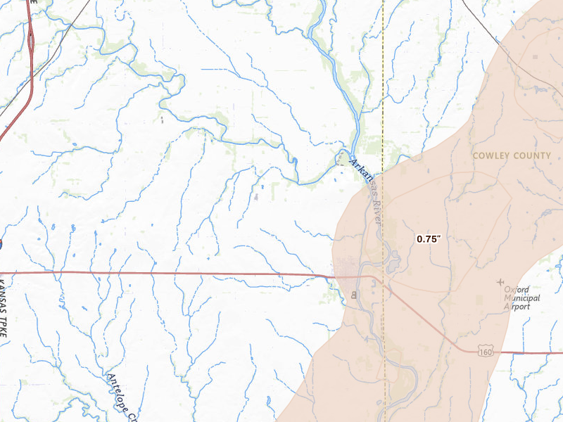 Radar-estimated hail-size map of the storm over Oxford, KS on Jun 17, 2026