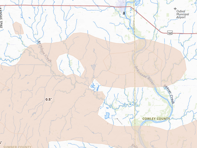 Radar-estimated hail-size map of the storm over Oxford, KS on Jun 18, 2026