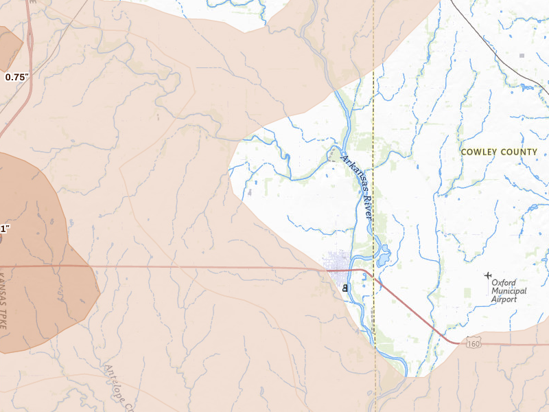 Radar-estimated hail-size map of the storm over Oxford, KS on Jul 4, 2026