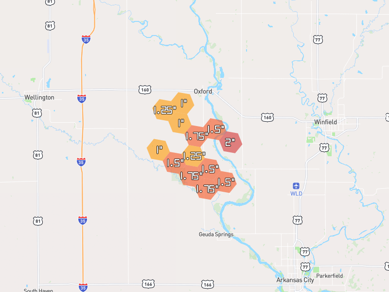 Hail map of Oxford, KS on Jul 4, 2026, hail up to 2"
