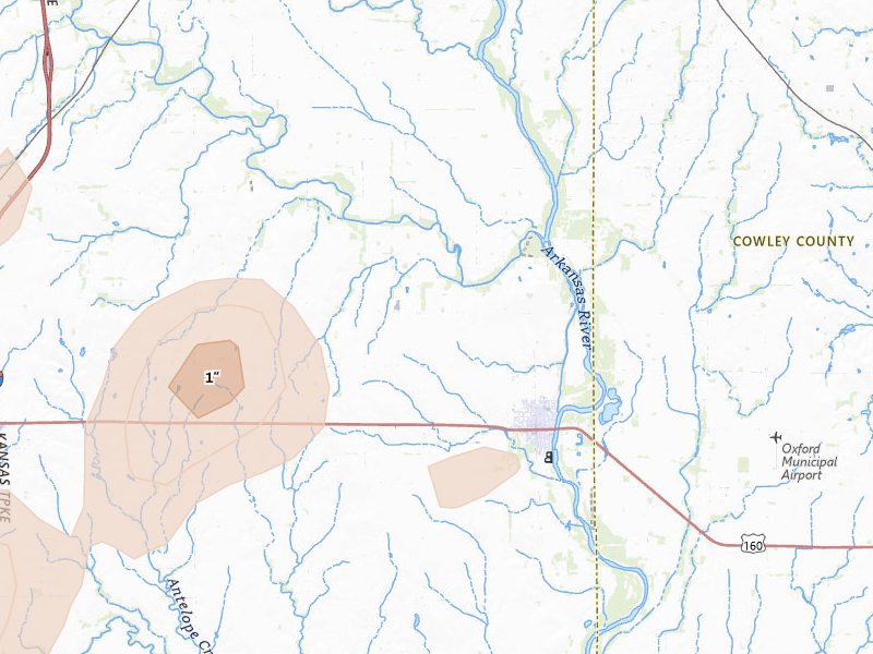 Radar-estimated hail-size map of the storm over Oxford, KS on Jul 11, 2026
