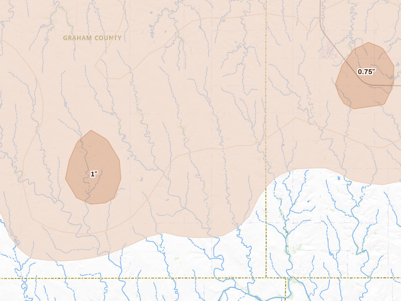 Radar-estimated hail-size map of the storm over Palco, KS on May 16, 2026