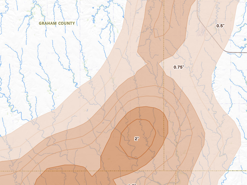 Radar-estimated hail-size map of the storm over Palco, KS on Jul 3, 2026