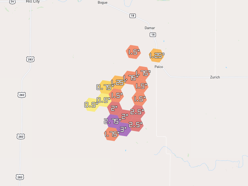 Hail map of Palco, KS on Jul 3, 2026, hail up to 3"