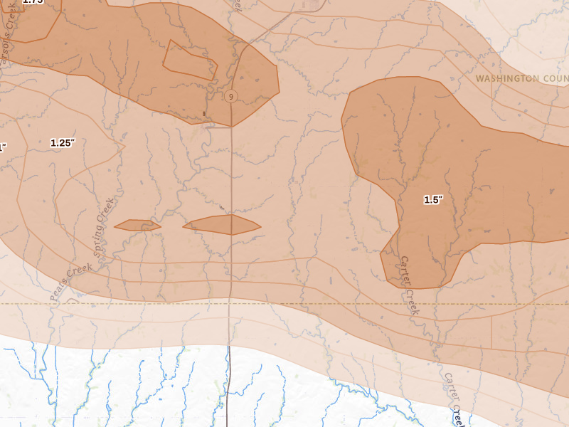 Radar-estimated hail-size map of the storm over Palmer, KS on Apr 9, 2026