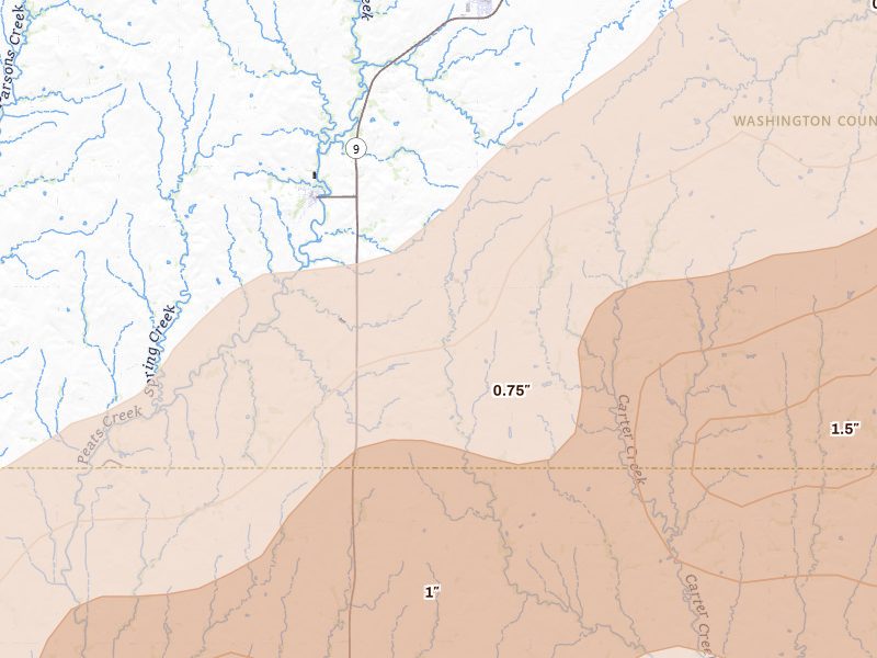 Radar-estimated hail-size map of the storm over Palmer, KS on May 18, 2026