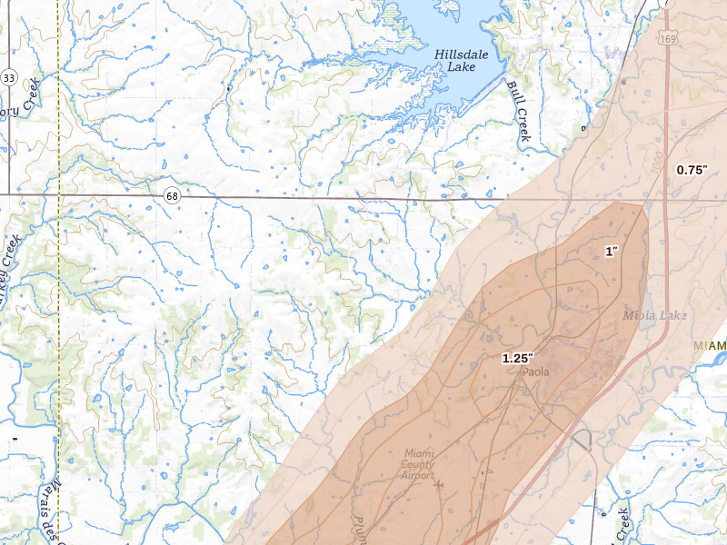 Radar-estimated hail-size map of the storm over Paola, KS