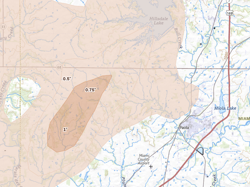 Radar-estimated hail-size map of the storm over Paola, KS on Apr 17, 2026