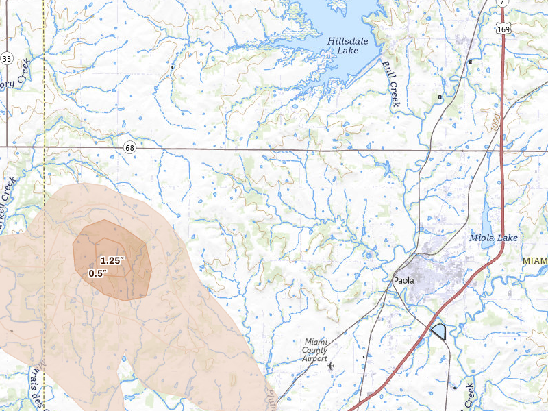 Radar-estimated hail-size map of the storm over Paola, KS on May 29, 2026