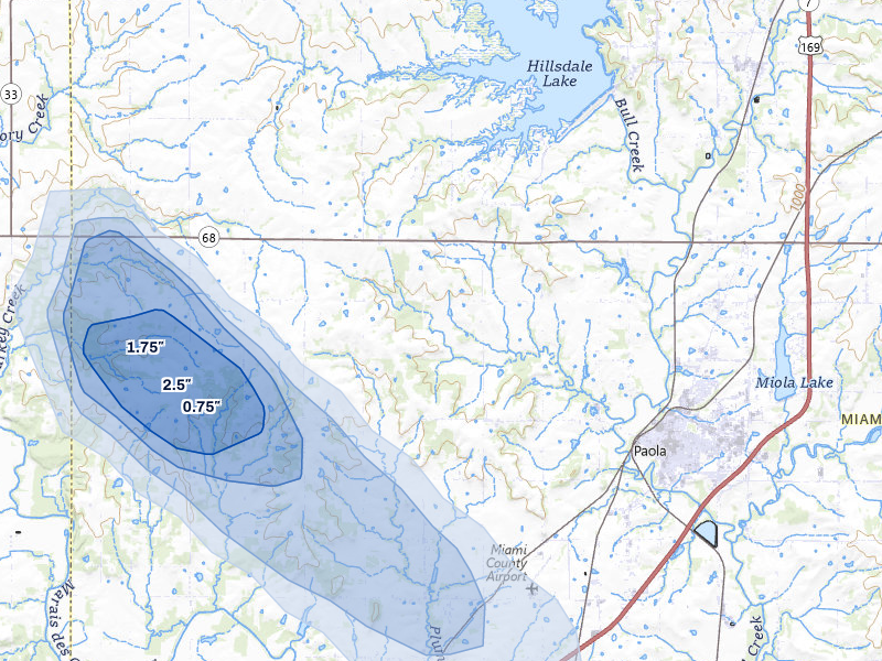 NEXRAD radar-signature map of the hail storm over Paola, KS on May 29, 2026