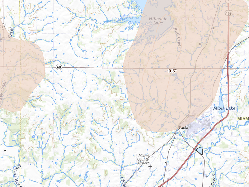 Radar-estimated hail-size map of the storm over Paola, KS on May 30, 2026