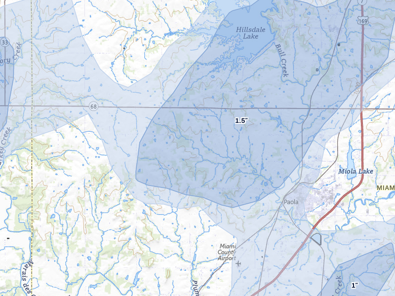 NEXRAD radar-signature map of the hail storm over Paola, KS on May 30, 2026