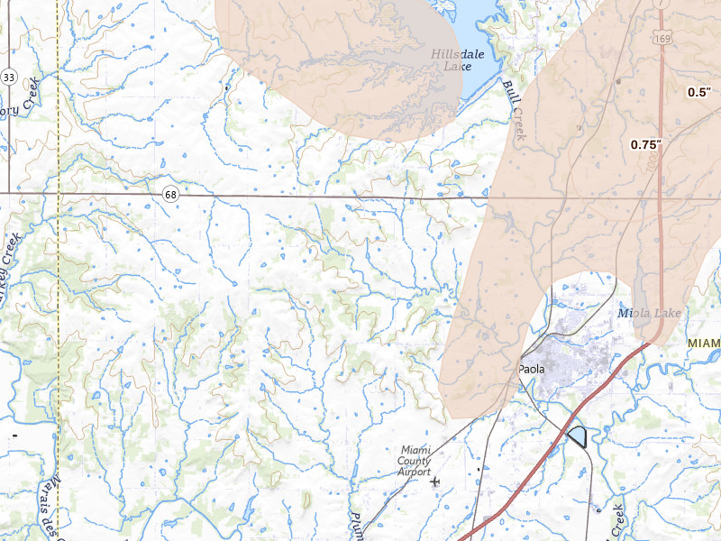 Radar-estimated hail-size map of the storm over Paola, KS on Jun 8, 2026