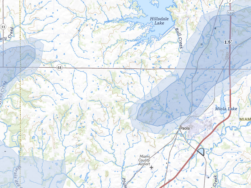 NEXRAD radar-signature map of the hail storm over Paola, KS on Jun 8, 2026