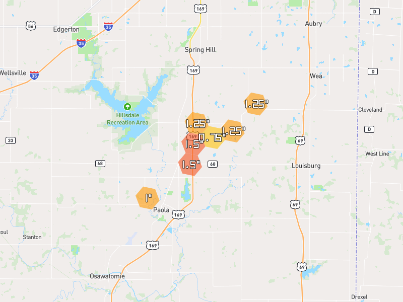 Hail map of Paola, KS on Jun 9, 2026, hail up to 1.5"
