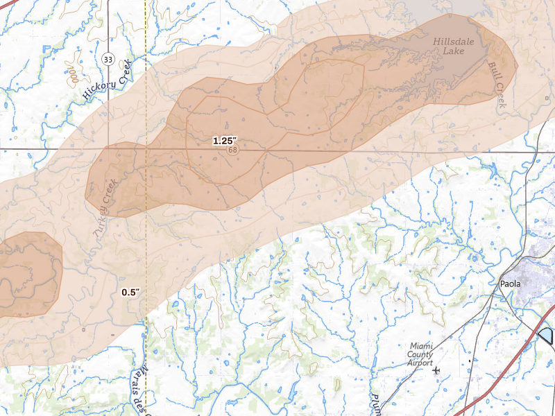 Radar-estimated hail-size map of the storm over Paola, KS on Aug 5, 2026