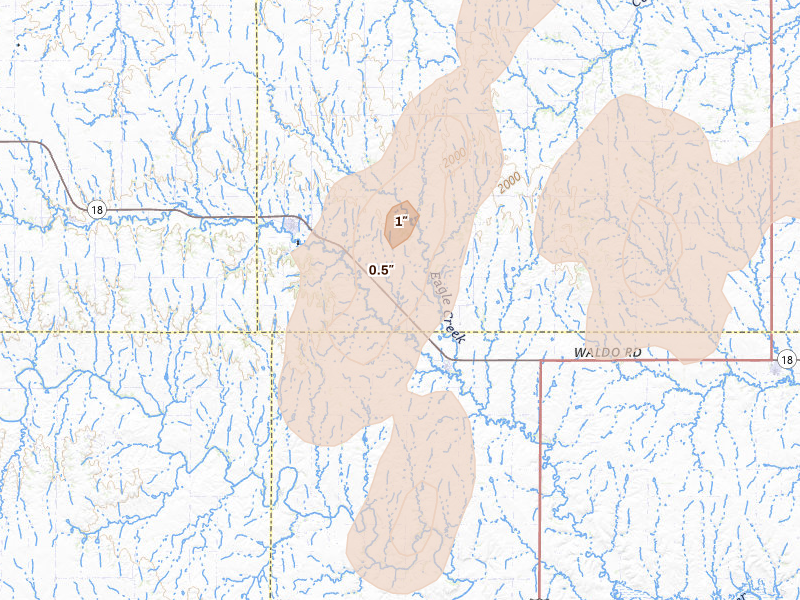 Radar-estimated hail-size map of the storm over Paradise, KS on May 30, 2026