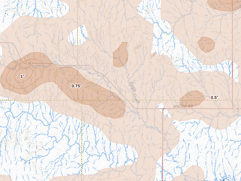 Radar-estimated hail-size map of the storm over Paradise, KS on Jun 8, 2026