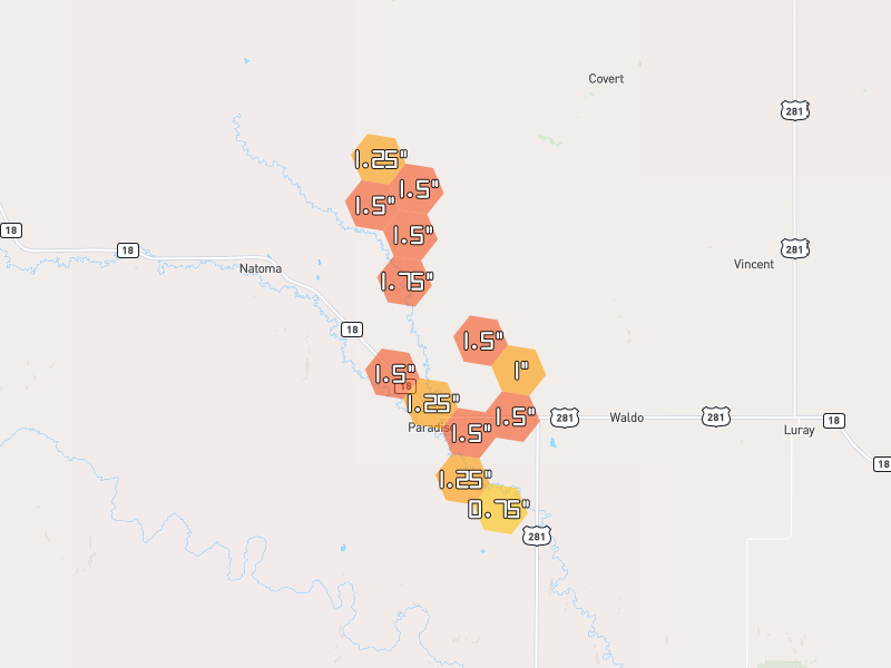 Hail map of Paradise, KS on Jun 9, 2026, hail up to 1.75"