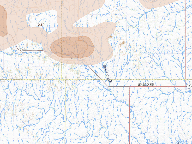 Radar-estimated hail-size map of the storm over Paradise, KS on Jul 3, 2026