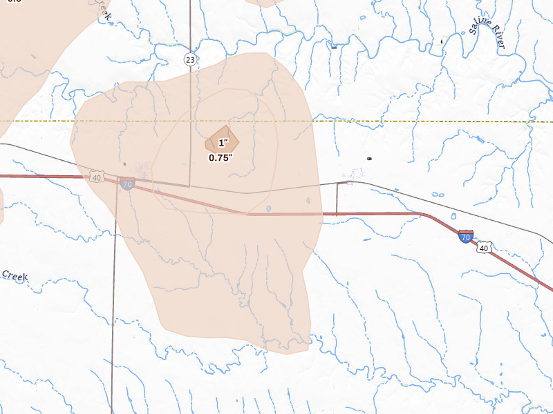 Radar-estimated hail-size map of the storm over Park, KS on Aug 13, 2026