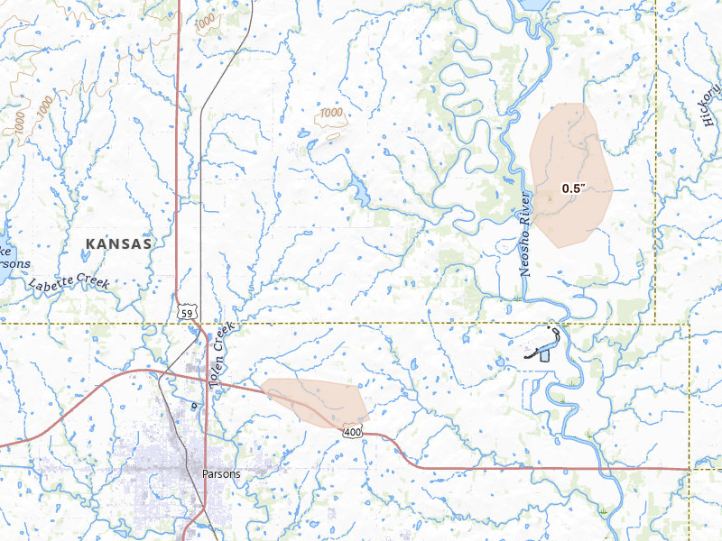 Radar-estimated hail-size map of the storm over Parsons, KS on Mar 10, 2026