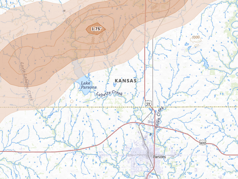 Radar-estimated hail-size map of the storm over Parsons, KS on Apr 17, 2026