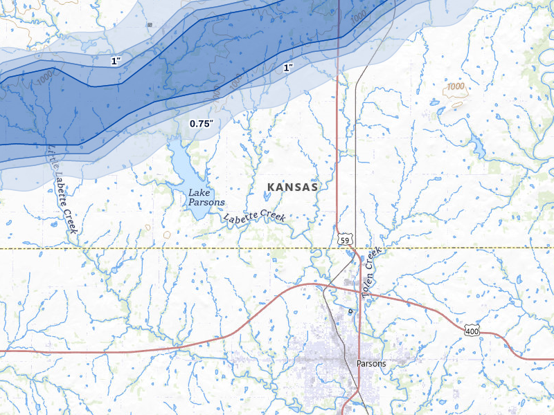 NEXRAD radar-signature map of the hail over Parsons, KS