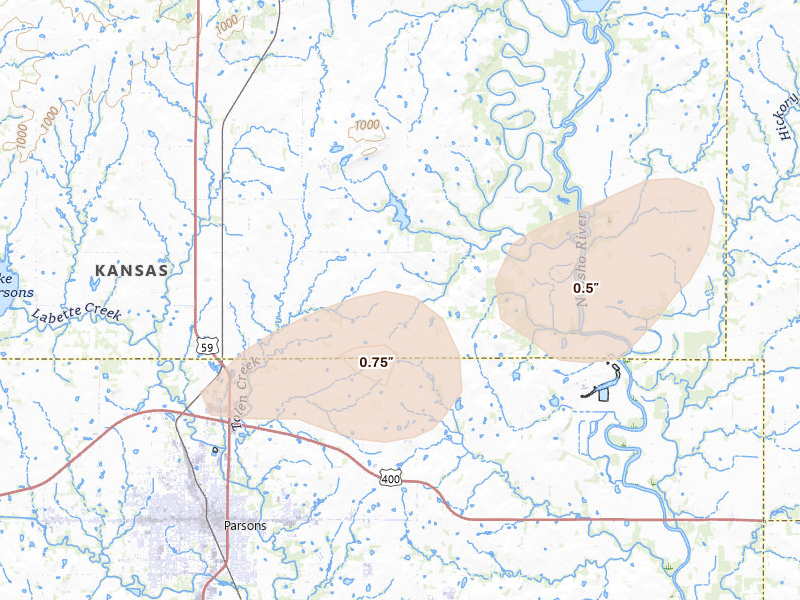 Radar-estimated hail-size map of the storm over Parsons, KS on Apr 28, 2026