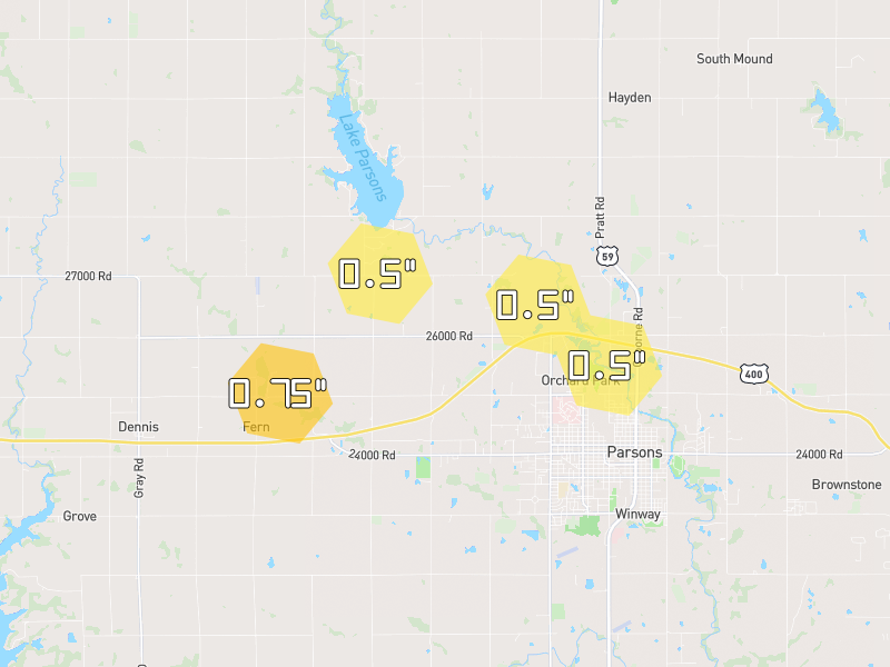 Hail map of Parsons, KS on Jun 1, 2026, hail up to 0.75"
