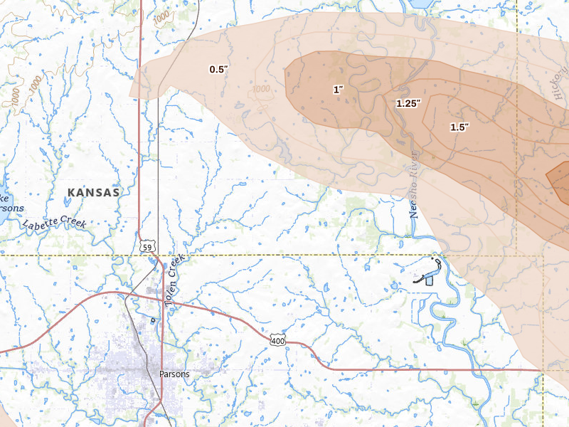 Radar-estimated hail-size map of the storm over Parsons, KS on Jun 25, 2026