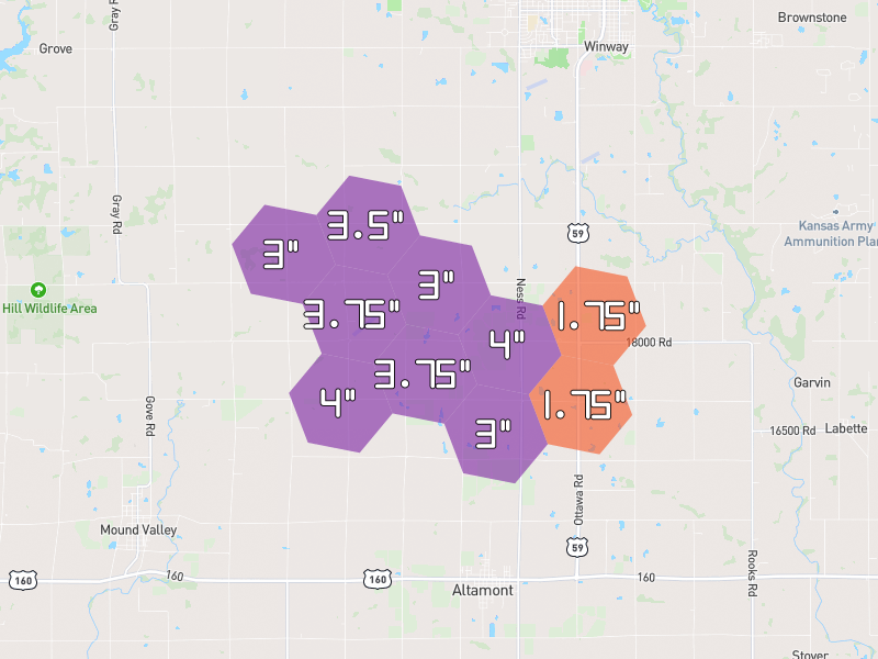 Hail map of Parsons, KS on Jun 26, 2026, hail up to 4"