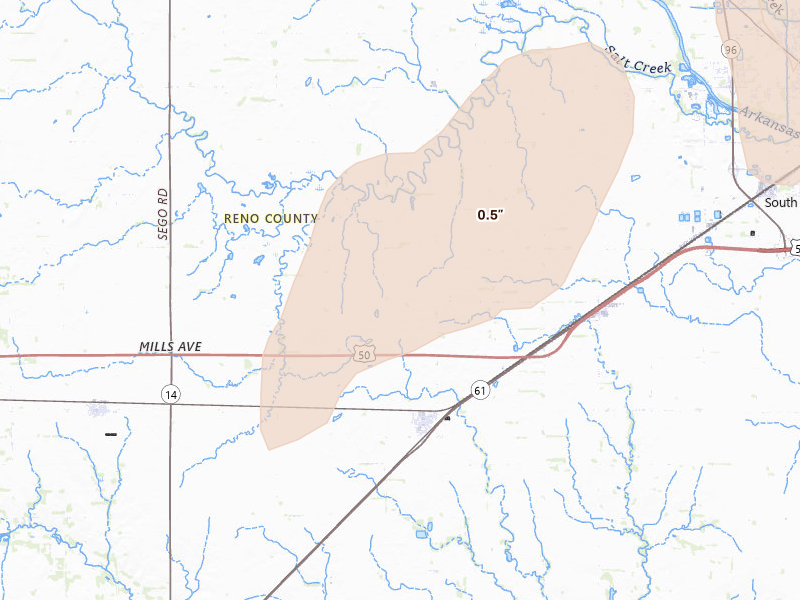 Radar-estimated hail-size map of the storm over Partridge, KS on Aug 14, 2026
