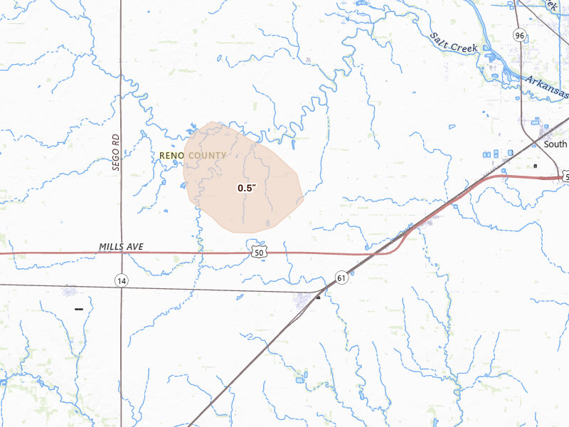 Radar-estimated hail-size map of the storm over Partridge, KS on Aug 20, 2026