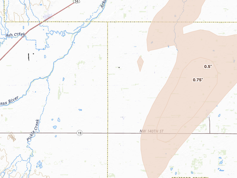 Radar-estimated hail-size map of the storm over Pawnee Rock, KS on May 29, 2026