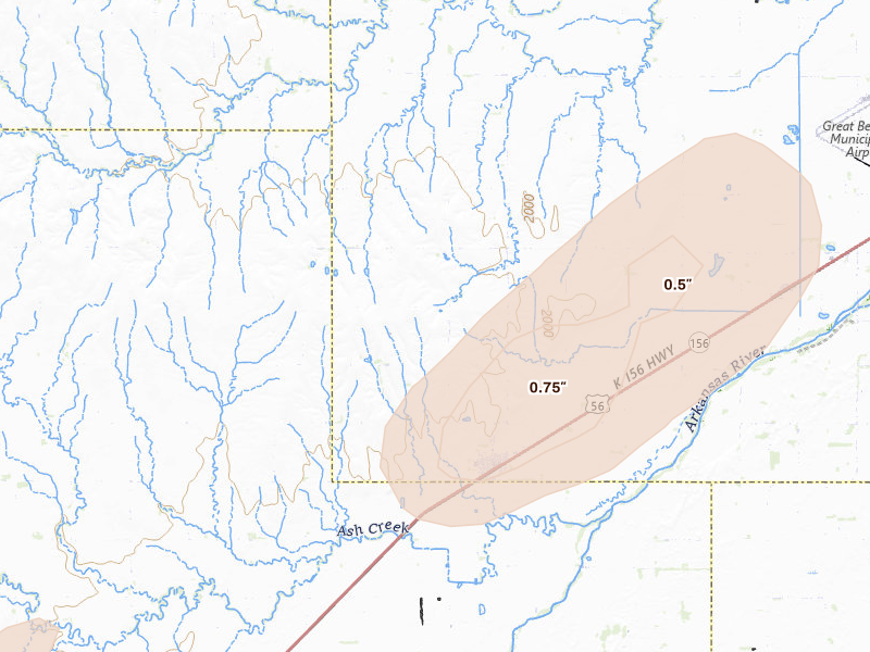 Radar-estimated hail-size map of the storm over Pawnee Rock, KS on Aug 13, 2026