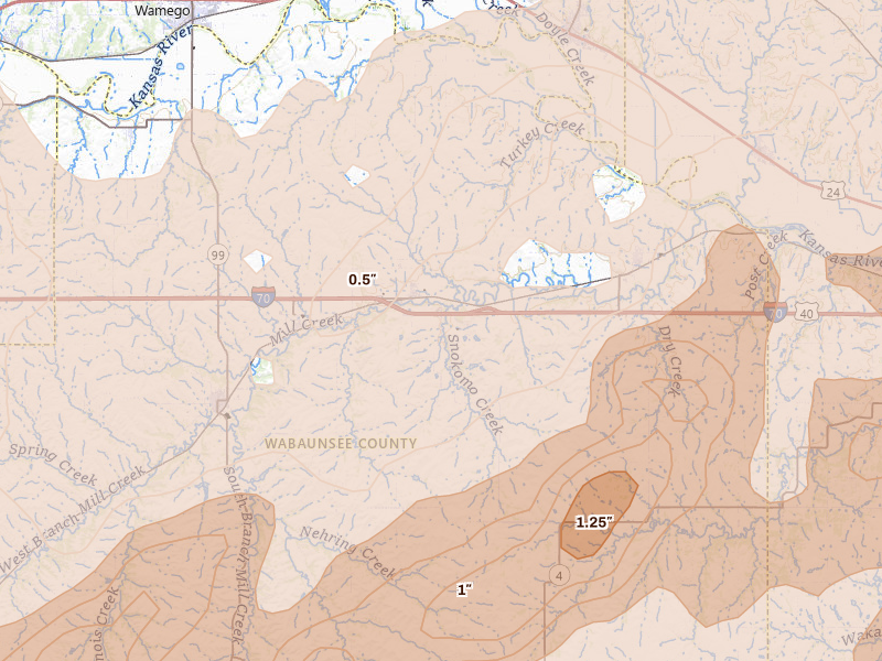 Radar-estimated hail-size map of the storm over Paxico, KS on Apr 26, 2026