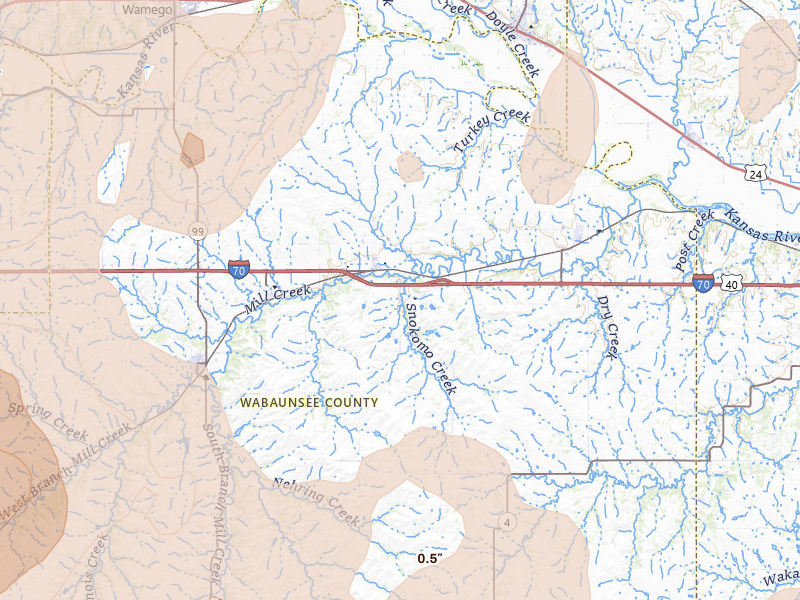 Radar-estimated hail-size map of the storm over Paxico, KS on May 18, 2026