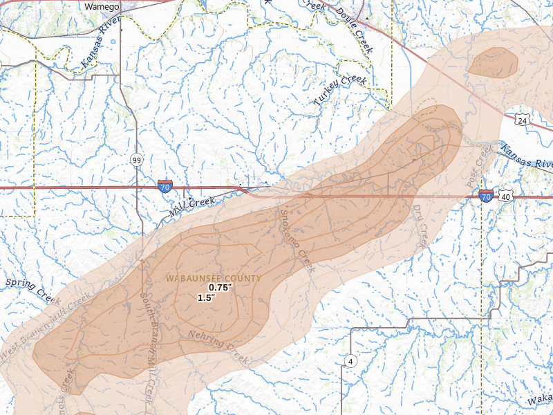 Radar-estimated hail-size map of the storm over Paxico, KS on May 31, 2026