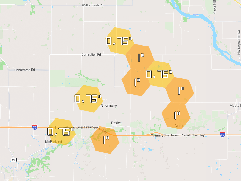Hail map of Paxico, KS on Jun 9, 2026, hail up to 1"