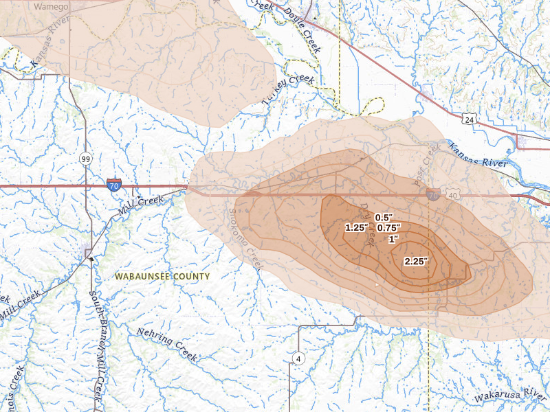 Radar-estimated hail-size map of the storm over Paxico, KS on Jun 10, 2026