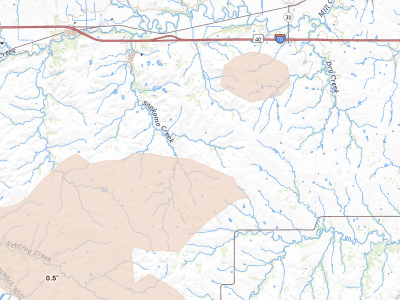 Radar-estimated hail-size map of the storm over Paxico, KS on Aug 5, 2026